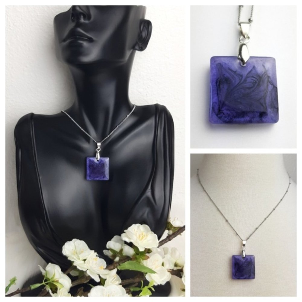 Tie Dye Pendant Necklace Handmade Purple Square Resin Pendant Necklace